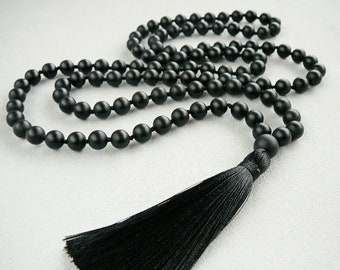 Black Mala Necklace 108 Mala Bead Necklace for Man Women Gift Matte Black Onyx Mala Beaded Necklace Hand Knotted Black Tassel Long Necklace