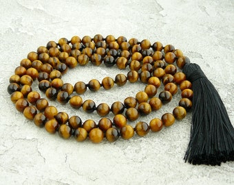 Tiger Eye Mala Necklace 108 Mala Bead Necklaces for Man for Women Yoga Gift Hand Knotted Tigers Long Necklace Tassel Mala Mens Necklace