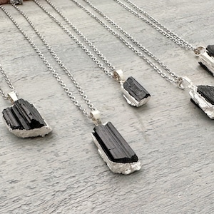 Raw Black Tourmaline, Black Silver Tourmaline Crystal Necklace, Black Tourmaline Pendant, Healing Crystal Necklaces, Protection Jewelry