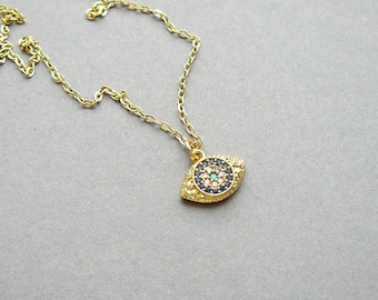 Gold Evil Eye Necklace for Women, Gold CZ Evil Eye Pendant, Protection Necklace, Gift for Women, Simple Dainty Jewelry, Layered CZ Necklace
