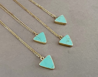 Turquoise Triangle Pendant, Gold Turquoise Necklace, Blue Necklace, Gift for Women, Natural Howlite Pendant Necklace, Gold Blue Necklace