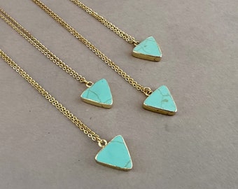 Turquoise Triangle Pendant, Gold Turquoise Necklace, Blue Necklace, Gift for Women, Natural Howlite Pendant Necklace, Gold Blue Necklace