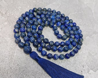 Lapis Lazuli Mala Necklaces for Women Men 108 Mala Necklace Blue Bead Hand Knotted Long Necklace Yoga Meditation Jewelry Tassel Necklaces