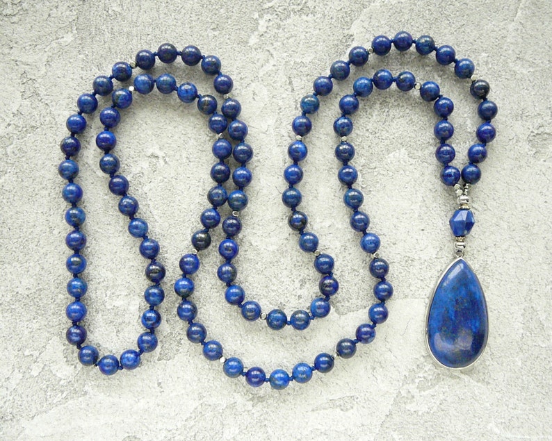 Lapis Lazuli Necklace Lapis Lazuli Mala Necklace Blue Bead Hand Knotted Long Necklace for Women Men 108 Mala Necklace Yoga Jewelry Gift Idea image 2