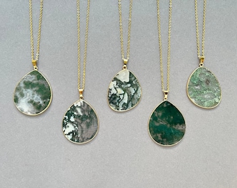 Moss Agate Necklace Gold Moss Agate Drop Necklace Natural Crystal Necklace Green Agate Pendant Long Gemstone Necklace Moss Agate Jewelry