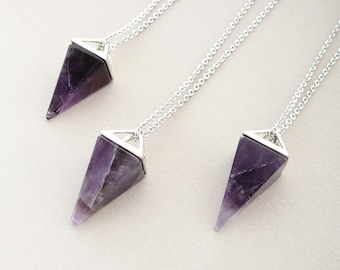 Amethyst Necklace Genuine Amethyst Crystal Pendant Pyramid Silver Necklace Gemstone Point Necklaces Healing Amethyst Jewelry for Women Gift