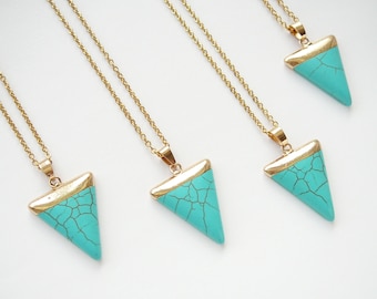 Turquoise Necklace Howlite Pendant Blue Gold Triangle Necklace for Women Gift Long Gold Turquoise Necklce Gemstone Triangle Pendant Necklace