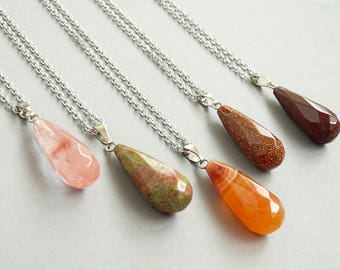 Carnelian Necklace Unakite Necklaces Cherry quartz, Goldstone, Red jasper necklaces for women Drop pendant Crystal silver pendant necklace