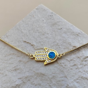Hamsa Bracelet, Opal Bracelet, Protection Bracelet, Hamsa Opal Gold Bracelet for Women, Hand of Fatima Bracelet Hamsa Jewelry Gift for Women