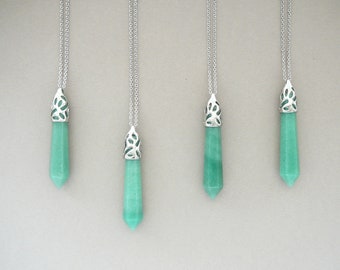 Aventurine Necklace, Healing Crystal Necklace, Natural Green Aventurine Pendant, Silver Green Long Gemstone Necklace for Men for Women Gift
