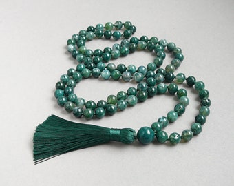 Moos Achat lange Halskette, grüne Mala Halskette, Moos Achat 108 Mala Perlenkette, lange grüne Edelstein Hand geknotet Quaste Halskette Yoga Geschenk