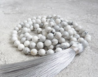 Howlite Mala, 108 Mala Necklaces, 6mm Mala Beads, White Mala, Gray Mala, Hand Knotted, Grey Tassel Necklace, Yoga Gift, Boho Jewelry Gift