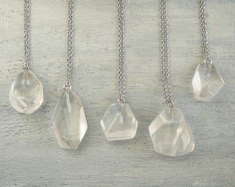 Raw Crystal Quartz Necklace, Clear Quartz Pendants, Silver Long Gemstone Necklace, Healing Quartz Jewelry for Women, Layer Boho Necklaces