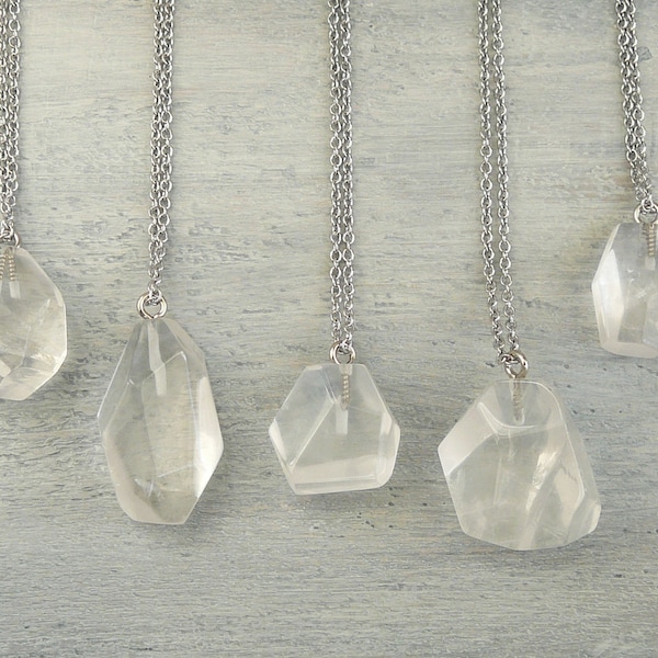 Raw Crystal Quartz Necklace, Clear Quartz Pendants, Silver Long Gemstone Necklace, Healing Quartz Jewelry for Women, Layer Boho Necklaces