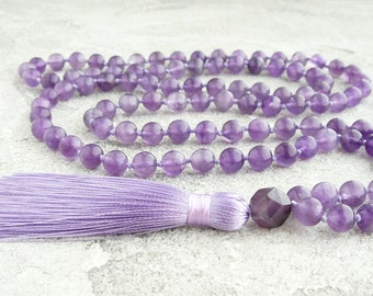 Amethyst Mala Necklace 108 Beads Mala Yoga Jewelry for Women Gift Long Purple Necklace Tassel Mala Necklace Knotted Necklace Meditation Mala