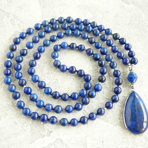 Lapis Lazuli Necklace Lapis Lazuli Mala Necklace Blue Bead Hand Knotted Long Necklace for Women Men 108 Mala Necklace Yoga Jewelry Gift Idea image 4