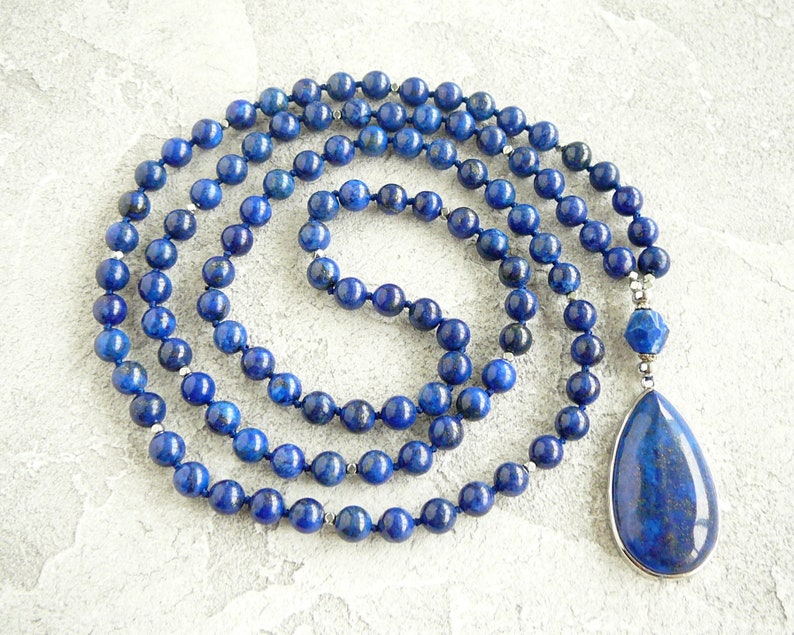 Lapis Lazuli Necklace Lapis Lazuli Mala Necklace Blue Bead Hand Knotted Long Necklace for Women Men 108 Mala Necklace Yoga Jewelry Gift Idea image 4