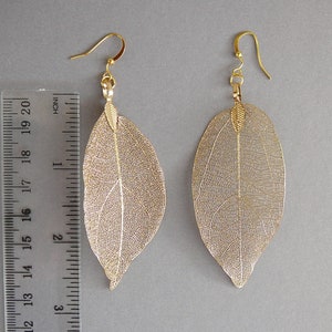 May include: A pair of gold-colored leaf earrings with a delicate, veined design. The earrings are approximately 3 inches long and hang from gold-colored ear wires. The earrings are displayed on a gray background.