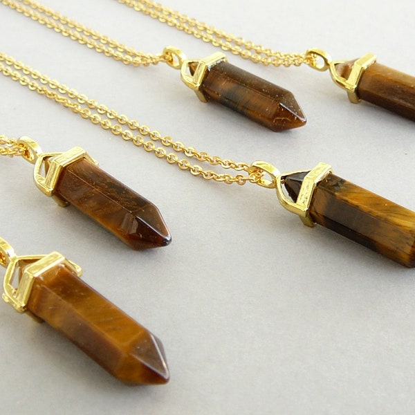 Tiger eye point necklace men tigers eye crystal pendant tiger eye jewelry gold necklace brown natural stones healing crystal necklace