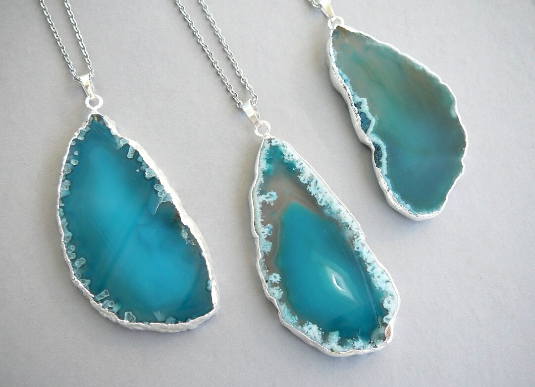 Blue Agate Slice Necklace Big Agate Pendant for Women Gemstone Long