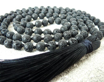 Lava Mala Necklace Black Lava 108 Mala Necklace for Man Women Yoga Gift Lava Rock Necklace Knotted Long Necklace Mala Tassel Mens Necklace