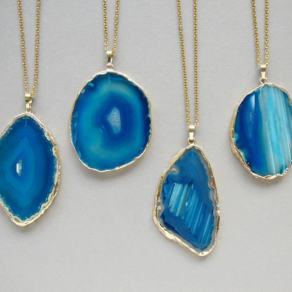 Gold Agate Necklace, Blue Agate Necklaces, Slice Agate Pendant, Large Agate Necklace, Gift for Women Big Blue Gemstone Pendant Agate Jewelry