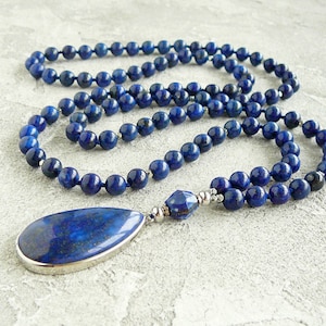 Lapis Lazuli Necklace Lapis Lazuli Mala Necklace Blue Bead Hand Knotted Long Necklace for Women Men 108 Mala Necklace Yoga Jewelry Gift Idea