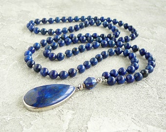 Lapis Lazuli Necklace Lapis Lazuli Mala Necklace Blue Bead Hand Knotted Long Necklace for Women Men 108 Mala Necklace Yoga Jewelry Gift Idea