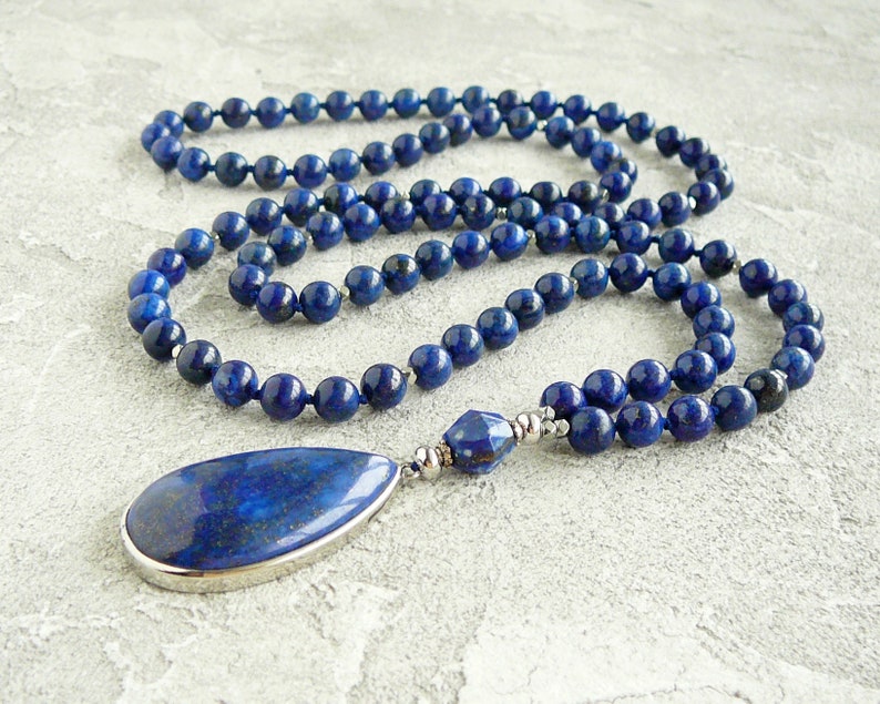 Lapis Lazuli Necklace Lapis Lazuli Mala Necklace Blue Bead Hand Knotted Long Necklace for Women Men 108 Mala Necklace Yoga Jewelry Gift Idea image 1