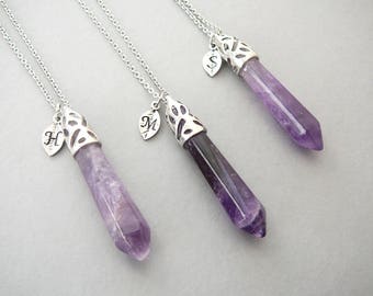 Amethyst Necklace Personalized pendant Silver Letter necklace Purple Natural Stones Long Necklaces for women Initial Gemstone Jewelry gift