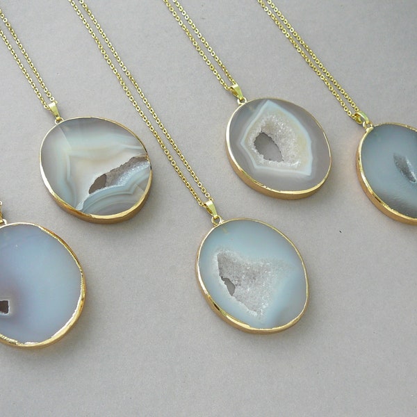 Large Agate Slice Necklace, Long Necklace, White Gray Agate Slice Pendant Necklace, Gemstone Gold Necklace, Boho Necklace Gray Agate Jewelry