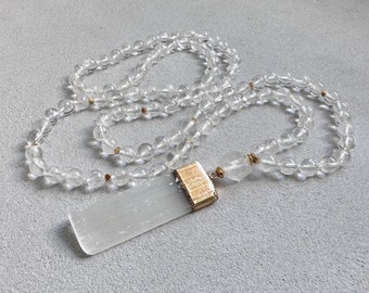 Clear Quartz Mala, Selenite Pendant Beaded Necklace, Raw Selenite Necklace, 6mm Crystal Mala Bead Necklaces, Yoga Gift for Man and for Woman