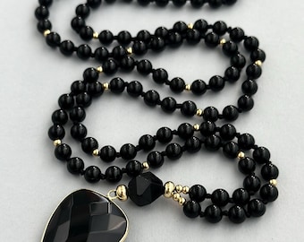 Collar de ágata negra, collar largo de ágata negra auténtica, collar con colgante de oro negro, collar de cuentas, collar anudado a mano
