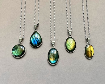 Labradorite Silver Necklace, Labradorite Pendant, Natural Labradorite Stone for Man for Women Gift, Gemstone Pendant Necklace, Long Necklace