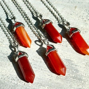 Carnelian Pendant Necklace, Natural Carnelian Jewelry, Silver Carnelian Necklaces for Men for Women, Orange Bullet Necklace, Red Crystal