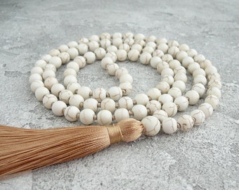 Howlite Mala Necklace, Hand Knotted Tassel Necklace, Yoga Meditation Necklace,  108 Mala Necklaces,  Biege Long Necklace, Mans Womens Gift