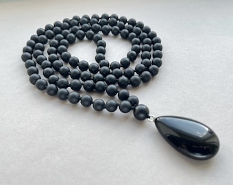 Black Necklace, Long Necklace, 108 Mala Bead Necklace for Man for Women, Yoga gift Matte Black Onyx Mala Hand Knotted Black Pendant Necklace