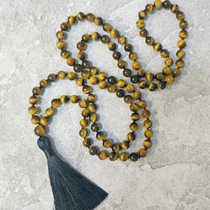 Tiger Eye Mala Necklace 108 Mala Bead Necklaces for Man for Women Yoga Gift Hand Knotted Tigers Long Necklace Tassel Mala Mens Necklace