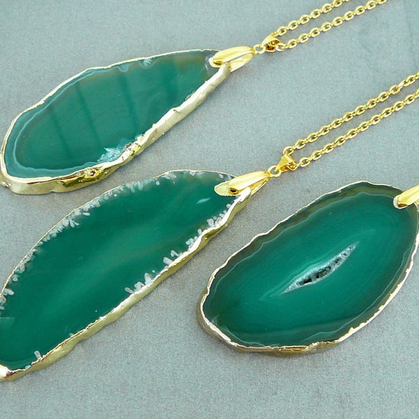 Collier tranche d'agate verte, cadeau avec pendentif en agate verte pour femme, collier avec pendentif en pierre verte, collier en agate, collier bohème de guérison