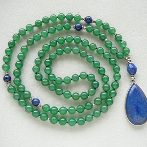 Green Aventurine Mala Lapis Lazuli Pendant Necklace for Mom Gift for Women 108 Mala Necklace Knotted Green Blue Long Necklace Yoga Jewelry image 5