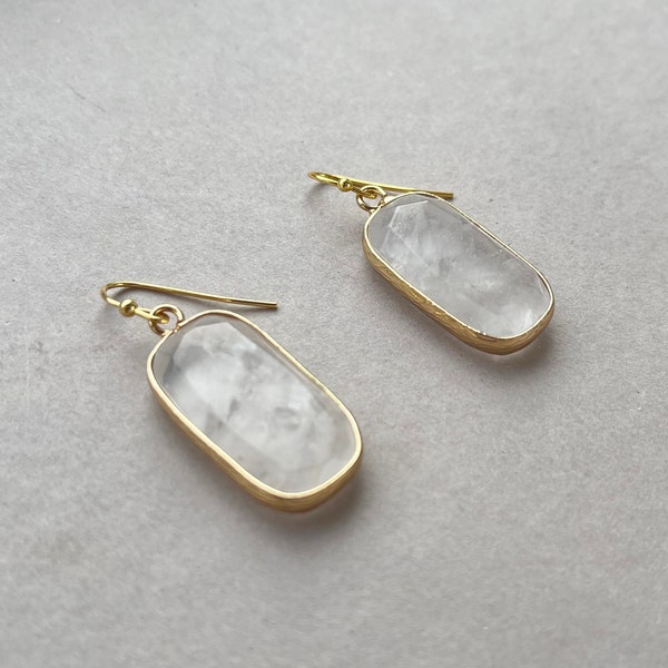 Clear Quartz Gold Earrings, Real Quartz Earings, April Birthstone Gift, Clear Quartz Jewelry, Gold Earrings for Women Natural Stone Jewelry