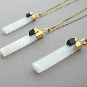 Selenite Pendant, Black Tourmaline Crystal Necklace, Gold Raw Selenite Necklaces, Selenite Tourmaline Pendant, Healing Crystal Necklaces