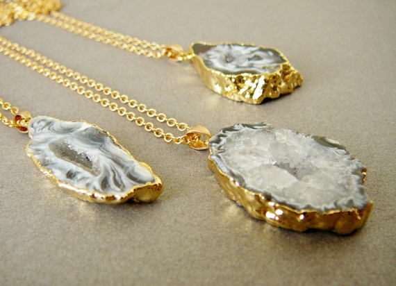 Agate Druzy Necklace Agate Pendant Long Necklace Mineral Necklace