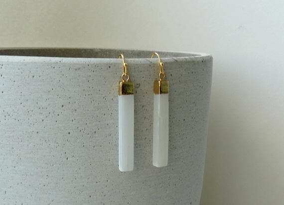 Selenite Gold Earrings, Natural Selenite Jewelry, Selenite Stick Earrings, Geometric Gemstone Earings, White Gold Earrings, Gift for Women