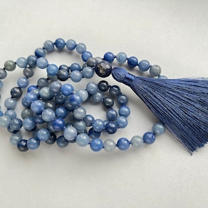 Blue Long Necklace, Blue Aventurine Mala Necklace, 108 Mala Blue Gemstone Necklace for Women for Man, Tassel Hand Knotted Long Necklace