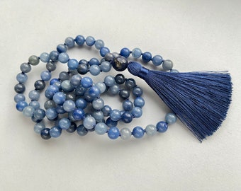 Blue Long Necklace, Blue Aventurine Mala Necklace, 108 Mala Blue Gemstone Necklace for Women for Man, Tassel Hand Knotted Long Necklace