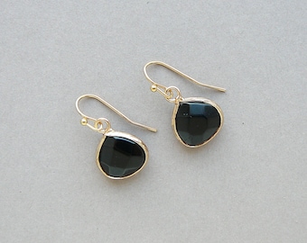 Black Earrings, Black Agate Earrings, Black Crystal Earrings, Drop Earings, Black Gold Earrings, Jewelry Gift, Natural Stones, Gift for Her