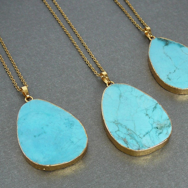 Turquoise Necklace for Women Blue Big Turquoise Pendant Necklace Long Gemstone Necklaces Gift for Women Blue Hovlite Necklace Boho Jewelry