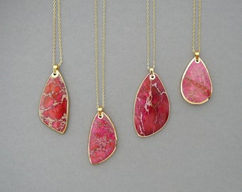 Red Jasper necklace, Imperial jasper pendant, Natural regalite pendant, Long boho necklaces, Pink gemstone gold necklace, Gift for women