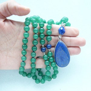 Green Aventurine Mala Lapis Lazuli Pendant Necklace for Mom Gift for Women 108 Mala Necklace Knotted Green Blue Long Necklace Yoga Jewelry image 3
